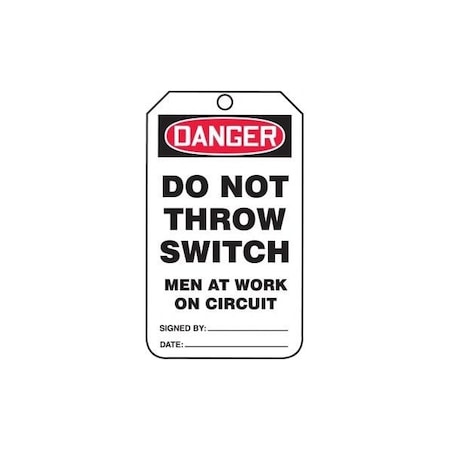 Accuform Mini Safety Tags, DANGER DO NOT THROW SWITCH MEN AT WORK ON CIRCUIT, 4.25in x 2.125in, 25PK TAM107CTP